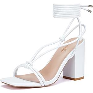 GENSHUO Sandali Donna Eleganza con Cinturino per le Gambe, Tacco Alto 8 cm, Sandali Estivi alla Moda, EU 42, Bianco A