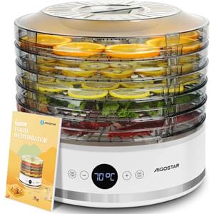 Aigostar Essiccatore Alimenti, Display LED, 5 Vassoii Senza BPA, Timer 48H, Essiccatore con Funzione Ventola & Temperatura Regolabile 35-70°C, Silenzioso, 380W, Include Libro di Ricette