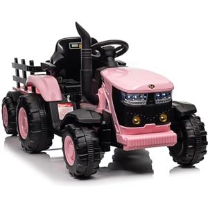 Garvee Trattore elettrico bambini 12V con rimorchio - Doppio motore 35W - Telecomando - Musica senza fili/USB - 3 velocità - Luci LED - Veicolo cavalcabile giocattolo per bimbi 3-8 anni - Rosa