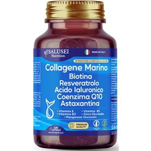 SALUSEI Nutrition Integratore per Capelli Pelle e Unghie con Collagene Marino Idrolizzato e Biotina 450mg Antinvecchiamento con Antiossidanti Astaxantina Resveratrolo, Acido Ialuronico Coenzima Q10 | SALUSEI Nutrition