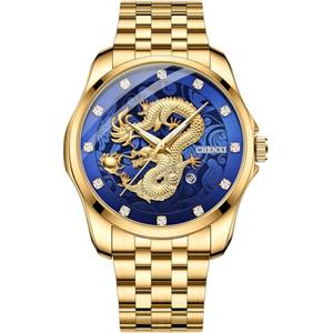 JewelryWe - Orologio da Polso da Uomo Cinturino in Acciaio Inossidabile Regolabile con Calendario Orologio Drago al Quarzo