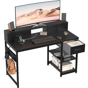 Devoko Scrivania Con Cassetti E Ripiano Reversibile, Scrivania Per Computer Con Contenitore, Supporto Per Monitor, Foro Per Cavi, 2 Ripiani Regolabili E Cassetto Inferiore, 120 X 50 Cm, Nero
