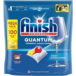 Finish Quantum Infinity Shine - Pastiglie per lavastoviglie, 100 compresse, Lemon Sparkle, potenti pastiglie detergenti Clean & Shine, resistenti alle macchie di grasso