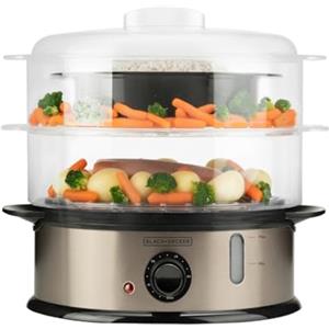 BLACK+DECKER BXST800E - Vaporiera 800W | Capacità 6,5L | Serbatoio Acqua 1L con Indicatore | 2 Vassoi Impilabili + Ciotola per Riso | Timer 60 min | Senza BPA | Lavabile in Lavastoviglie