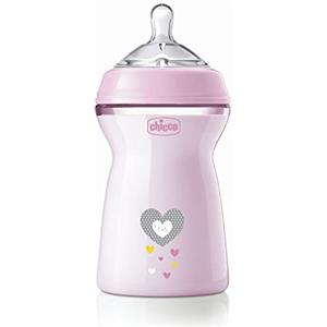 Chicco Natural Feeling Biberon Anticolica 6 Mesi + da 330 ml, Biberon con Tettarella in Silicone Morbida e Flessibile, Adatto per Allattamento Misto, Flusso veloce, Colore Rosa