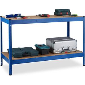 Relaxdays Banco da lavoro Relaxdays, 2 ripiani regolabili, A x L x P: 90,5 x 141 x 61 cm, sistema a incastro, tavolo da lavoro per officina, acciaio, blu