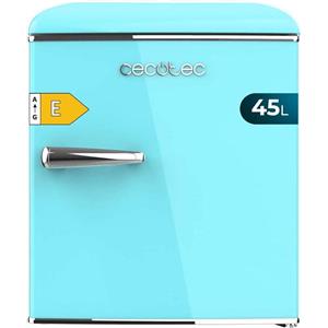 Cecotec Mini frigorifero da tavolo blu in stile retrò, alto 55 cm e largo 44,7 cm, con capacità di 45 litri, classe energetica E, scomparto congelatore e maniglia cromata.