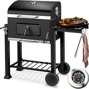 tectake® Barbecue a Carbonella, Barbecue Portatile con Apribottiglie Integrato, BBQ Grill Affumicatore con Coperchio e Termometro, Ripiano Laterale, Barbecue con Ruote per Campeggio - Nero