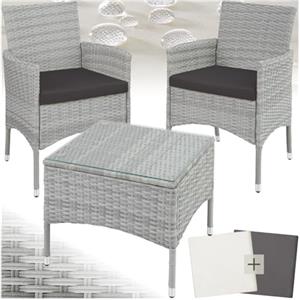 tectake® Set da Giardino in Rattan Lucerna, Robusto Telaio in Acciaio, Set Sedie da Esterno, Tavolino Salotto con Piano in Vetro, Comodi Cuscini, Design Moderno - Grigio Chiaro