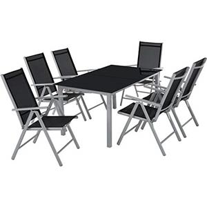 tectake® Set Mobili da Giardino in Alluminio, 6 Sedie Pieghevoli e Reclinabili, Design Elegante, Tavolo 150x90 cm con Piano in Vetro di Sicurezza, Set Mobili da Esterno - Grigio Chiaro