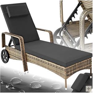 tectake® Lettino Poly Rattan Arredo Esterno Giardino, Sdraio Prendisole, Sdraio da Giardino, Terrazzo, Balcone, Sdraio piscina, Ruote Gommate, Arredo Interno Divano Sedia - Naturale/Grigio Scuro