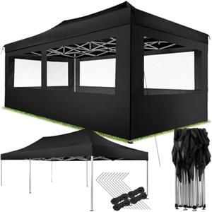 tectake® Gazebo Pieghevole e Richiudibile Pop Up, 6x3 m, Telaio in Alluminio, Impermeabile, 4 Altezze, 4 Pannelli Laterali, Picchetti Inclusi, Gazebo da esterno per Giardino, Barbecue e Bar - Nero