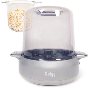 Gadgy Macchina per popcorn Premium - Macchina per popcorn elettrica con funzione di agitazione, piastra antiaderente e coperchio - 5 minuti - Funzione di fusione burro - Design argento con coperchio
