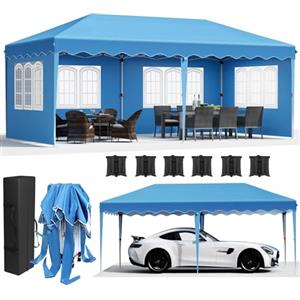 LIFERUN Gazebo pieghevole 3x6 con 4 parti laterali, 6 sacchi di sabbia, impermeabile, 420D Oxford, anti-UV 50+, borsa trasporto, per giardini, feste, matrimoni, blu