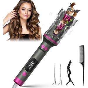 HyAdierTech Ferro Arricciacapelli Automatico Professionale, Ferro Arricciacapelli con Ioni Negativi, Rivestimento in Ceramica, 6 Temperature, Display LCD, 130-230°C, per Capelli Lunghi e Medi (Viola)