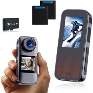 Nvgfelis Action Cam Dotato di scheda di memoria 32GB, doppio schermo Telecamera Moto,Action Cam con batteria ricaricabileda 2 x1350 mAh e set di accessori(grigio nero)