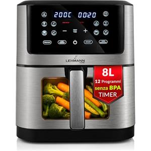 LEHMANN Friggitrice ad Aria 8 Litri XXL, 1800 W, Air Fryer con Finestra di Visualizzazione, 12 Programmi & Regolazione Manuale 76-200°C, Timer 1-60min, Rivestimento Antiaderente, Display Touch