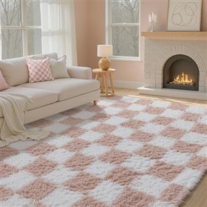 HUGEAR Tappeto Salotto 160x230cm Pelo Lungo a Quadri Grande Rosa Bianco Morbido Tappeti Antiscivolo Moderno Camera da Letto Cucina Salotto Sala Scendiletto Esterno Bambina Bambini Tappeti