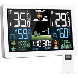 HAOYAO Stazione Meteo con Sensore Esterno, Display a Colori, Previsioni del Tempo, Temperatura, Umidità, Sveglia con Funzione Snooze, Pressione dell'aria, Uso Interno ed Esterno