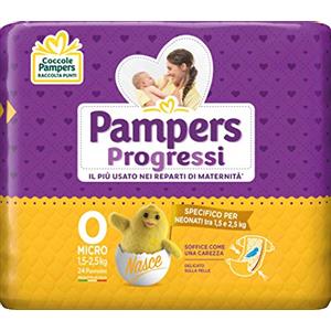 Pampers Progressi Micro, Taglia 0 (1,5-2,5 kg), Formato Scorta, Protezione Pelli Delicate Prima Infanzia, Ultra Morbidi e Assorbenti, Linguette Rinforzate, Anti-Fuoriuscite, 24 Pannolini Neonato