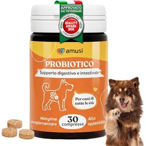 amusi Probiotici per Cani 30 Compresse con Fermenti Lattici Probiotici e Inulina - Mangime Complementare - Supporto per Intestino e Flora Intestinale, Aiuta la Digestione e l'Equilibrio intestinale