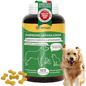 amusi Integratore Articolazioni Cane 125 Compresse - Mangime Complementare per Articolazioni Cane con Glucosamina Condroitina MSM e Curcuma, Supporto alla Mobilità Quotidiana e Benessere Articolare