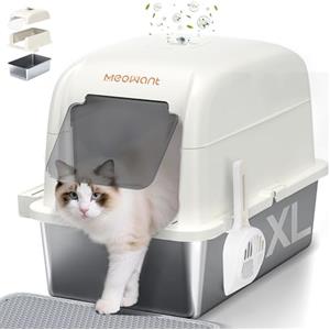 Meowant Lettiera per Gatti in Acciaio Inox, Lettiera Gatto Chiusa XXL, Toilette Grande per Gatti con Paletta e Tappetino, Antiaderente, Antiodore, Facile da Pulire, 60 x 40 x 45 cm, Bianco