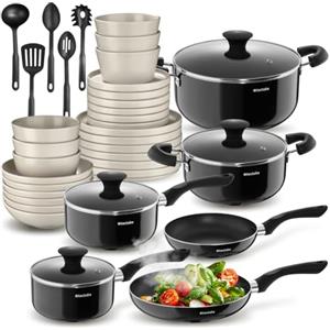 tectake®, Set cucina completo, 39 pezzi, set servizio piatti 6 persone, moderni per microonde, 6 ciotole, 18 piatti eleganti, 2 pentole, casseruole, padelle antiaderenti, coperchi - Nero/Tortora