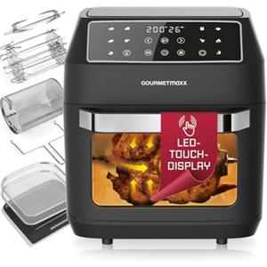 GOURMETmaxx Friggitrice ad aria calda 12 L Airfryer | Friggitrice con 9 funzioni, display touch, spiedini rotanti e shashlik | 10 Programmi, inclusa la pizza | Mini forno - praticamente senza olio