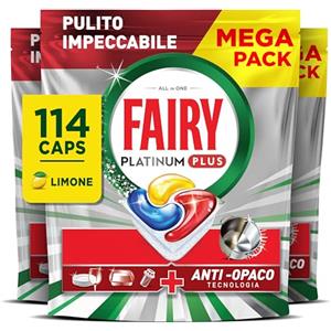 Fairy Platinum Plus Pastiglie Lavastoviglie, 114 Capsule, Limone, Detersivo Con Tecnologia Anti-Opaco, Contro Grasso e Incrostazioni Ostinate Anche nei Cicli Brevi
