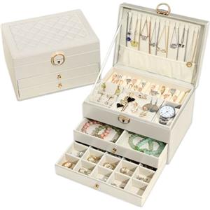 Granbest Portagioie a 3 strati, con 2 cassetti, elegante portagioie in pelle, ideale per collane, bracciali, anelli e orecchini (beige)