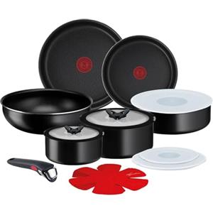 Lagostina Ingenio Essential Plus Set di Pentole, Alluminio per Gas e Forno (no induzione), 17 Pezzi, 2 Casseruole Fonde, 2 Padelle, Tegame, Wok, 5 Coperchi, 5 Proteggi Padella e Manico Removibile