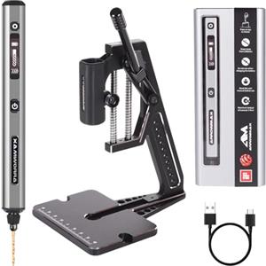 ARROWMAX Mini penna elettrica a 5 velocità con pressa da banco, 10 punte piccole, scatola in alluminio, luci LED, display OLED, set di punte per gioielleria in resina