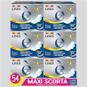 LINES È NOTTE con ali, Pacco scorta da 54 assorbenti per ciclo mestruale, con struttura in Lactifless, Assorbenza e comfort per tutta la notte, con Odor Protection