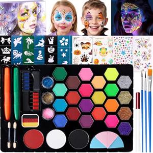 Janolia Body Painting, 25 Colori Truccabimbi Kit con 3 Pennelli 2 Matite per Il Viso, Trucca Bimbi Professionali, Face Painting Bambini per Halloween, Carnevale, Pasqua, Natale, Cosplay