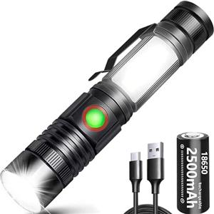 REHKITTZ Torcia LED 2000 Lumen Super Luminosa, 2500 mAh USB Ricaricabile ad Alta Capacità Portatile e Regolabile Torcia Potente, con Base Magnetica e Luce di Lavoro COB(Confezione da 1)