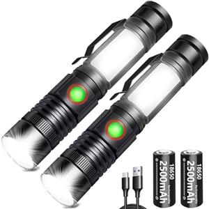 REHKITTZ Torcia LED 2000 Lumen Super Luminosa, 2500 mAh USB Ricaricabile ad Alta Capacità Portatile e Regolabile Torcia Potente, con Base Magnetica e Luce di Lavoro COB(Confezione da 2)