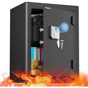 WASJOYE 57L Ignifuga Cassaforte per Impronte Digitali, Cassaforte Biometrica con Chiave, Grandi Cassaforte da Armadio Cassetto Ignifugo, Cassetta di Sicurezza per Casa Hotel Ufficio