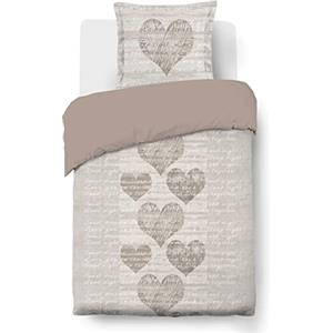 VISION ALICE cuori - 100% cotone - Set Copripiumoni 140 x 200cm con 1 federa 65 x 65cm per letto singolo - Tessuto morbido e confortevole - Colore: beige - Certificato Oeko-Tex