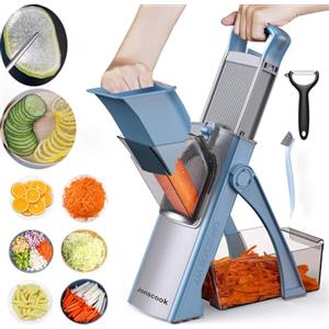 Jonscook Mandolina Jonscook All-in-1 Aggiornata e Sicura per la Cucina, Tritatutto, Tagliaverdure con Ciotola Più Grande, Affettaverdure con Spessore Regolabile, Mandolina Plus (Blu-Grigio)