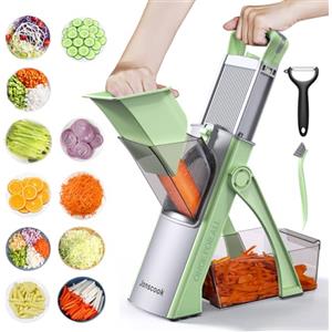 Jonscook Mandolina Jonscook All-in-1 Aggiornata e Sicura per la Cucina, Tritatutto, Tagliaverdure con Ciotola Più Grande, Affettaverdure con Spessore Regolabile, Mandolina Plus (Blu-Grigio) (Verde)
