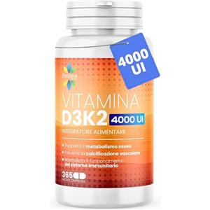 Fenima farma Vitamina D3 K2 4000 UI - 365 Microcompresse (Scorta 1 Anno) Supporto per Ossa, Denti e Difese Immunitarie - Integratore Vitamina D - Alta Biodisponibilità Senza Glutine, Lattosio e Zucchero