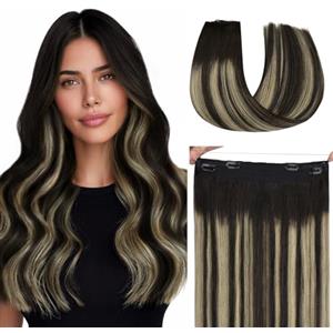 hotbanana Extension Capelli Veri con Filo Invisibile, 30cm 70g Nero Naturale a Biondo Chiaro Capelli Umani Remy Lisci, Invisible Wire Hair Extensions, Extension in Capelli Veri Invisibles