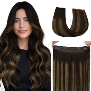 hotbanana Extension Capelli Veri con Filo Invisibile, 40cm 95g Balayage Castano Scuro con Riflessi Ramati Capelli Umani Remy Lisci, Invisible Wire Hair Extensions, Extension in Capelli Veri