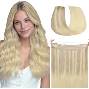 hotbanana Extension Capelli Veri con Filo Invisibile, 30cm 70g Biondo cenere a biondo dorato e biondo platino Capelli Umani Remy Lisci, Invisible Wire Hair Extensions, Extension in Capelli Veri