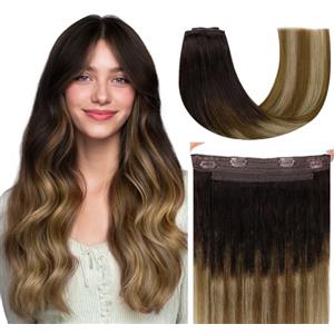 hotbanana Extension Capelli Veri con Filo Invisibile, 35cm 75g Nero Sfumatura da Castano a Biondo Sporco Capelli Umani Remy Lisci, Invisible Wire Hair Extensions, Extension in Capelli Veri