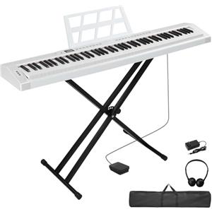 LEADZM Pianoforte Digitale Semi-Pesato a 88 Tasti, Tastiera Full Size, Tastiera Elettronica con Supporto a Forma di X a Doppio Tubo, Bluetooth MIDI, Leggio, Pedale Sustain, Cuffie (Bianco, + Supporto)
