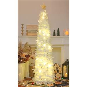 HMASYO Albero di Natale Artificiale Sottile 150cm a Paillettes Luccicante con Luci Integrate e Timer, Montaggio Istantaneo, Pieghevole - Decorazione per Interni Casa, Appartamento, Veranda, Feste