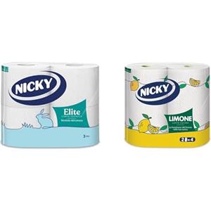 Nicky Elite - 4 Rotoli di Carta Igienica, 170 Soffici Fogli a 3 Veli, Morbida e Resistente + Nicky Limone Carta Cucina - 2 Rotoli da 100 Fogli Assorbenti a 2 Veli, Fresco Profumo di Limone