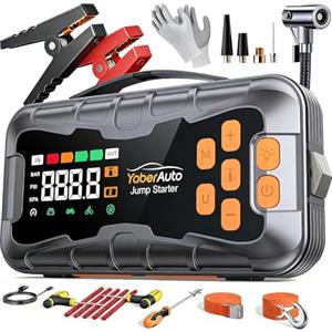 YaberAuto 16-In-1 Avviatore Batteria Auto con Compressore 160PSI 8000A 27000mAh, Tutto Gas/14.0L Diesel Avviatore Emergenza per Auto/Moto 12V, YaberAuto Booster Avviamento Portatile Starter Batteria